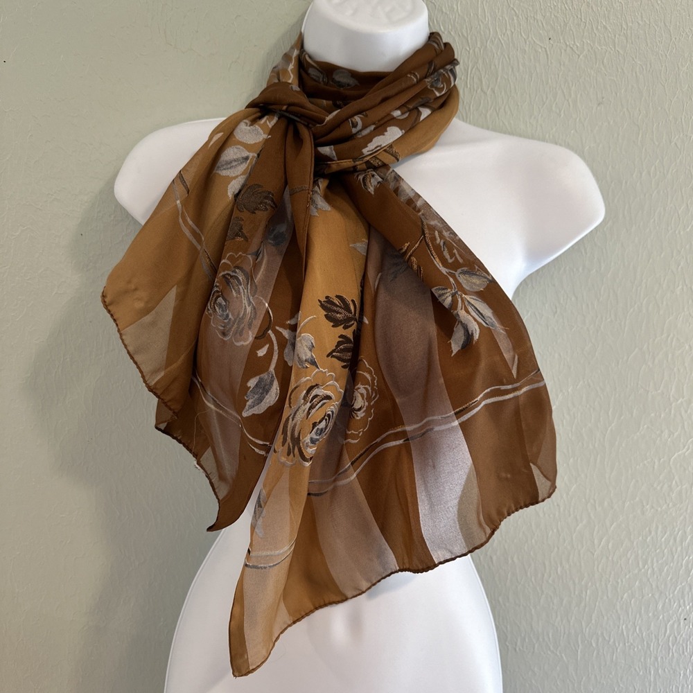 Vintage Tan Brown Stripe Floral Sheer Scarf Wrap 21x60"